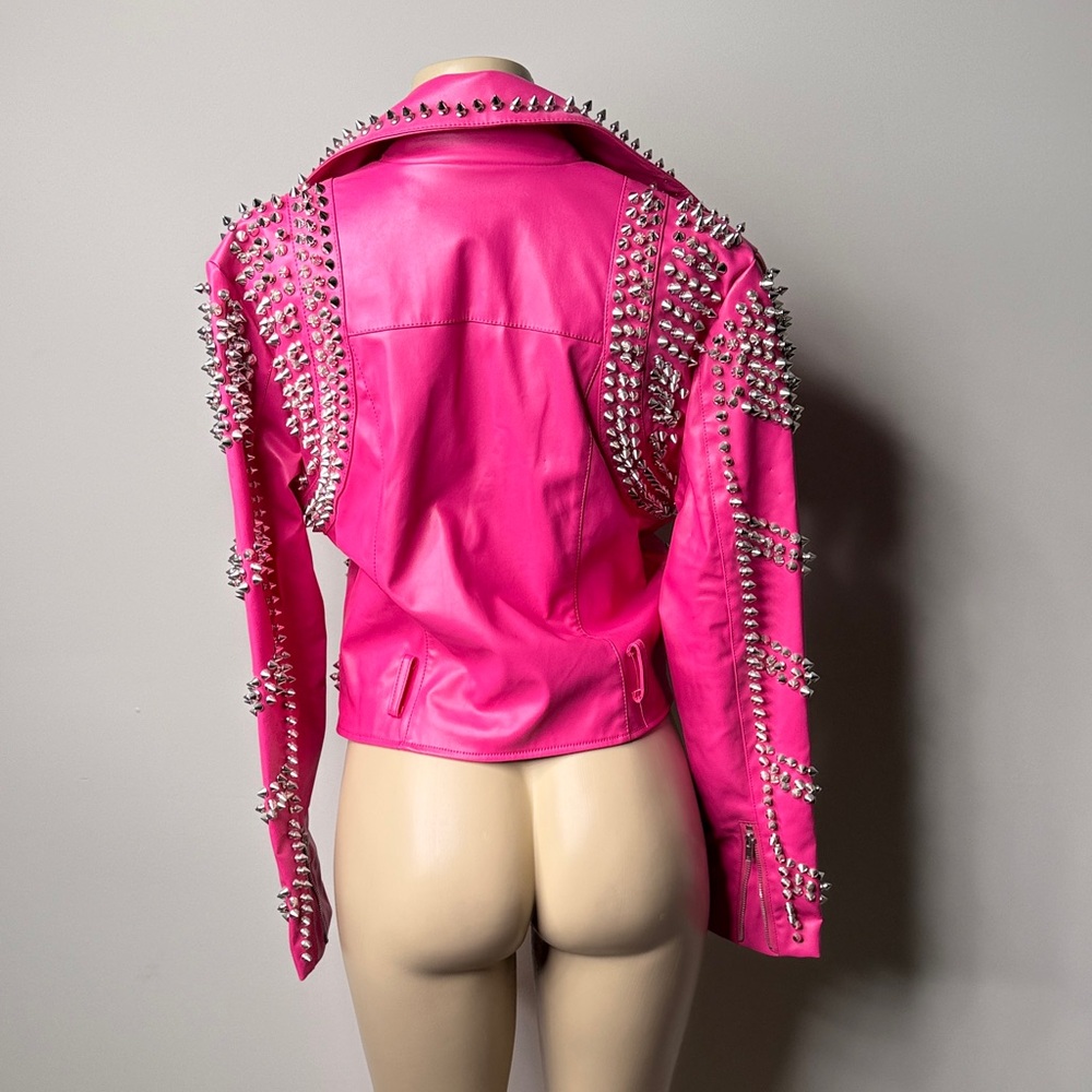 Studded Hot Pink Leather Biker Jacket - Picture 5 of 6